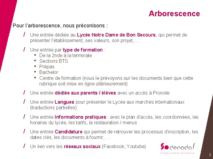 Arborescence Pour l’arborescence, nous préconisons : / Une entrée dédiée au Lycée Notre Dame