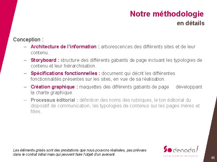 Notre méthodologie en détails Conception : – Architecture de l’information : arborescences différents sites