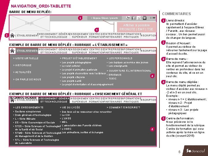 NAVIGATION_ORDI-TABLETTE BARRE DE MENU REPLIÉE: COMMENTAIRES 1 Fr > Espace Elèves / parents Logo