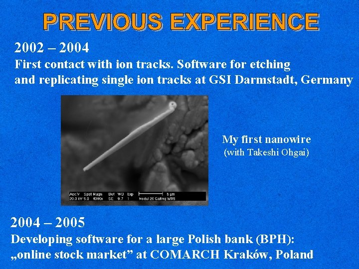 2002 – 2004 First contact with ion tracks. Software for etching and replicating single