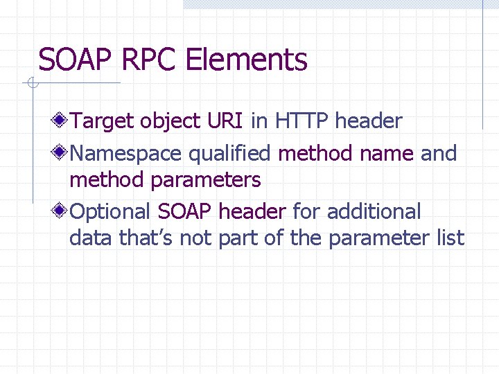 SOAP RPC Elements Target object URI in HTTP header Namespace qualified method name and