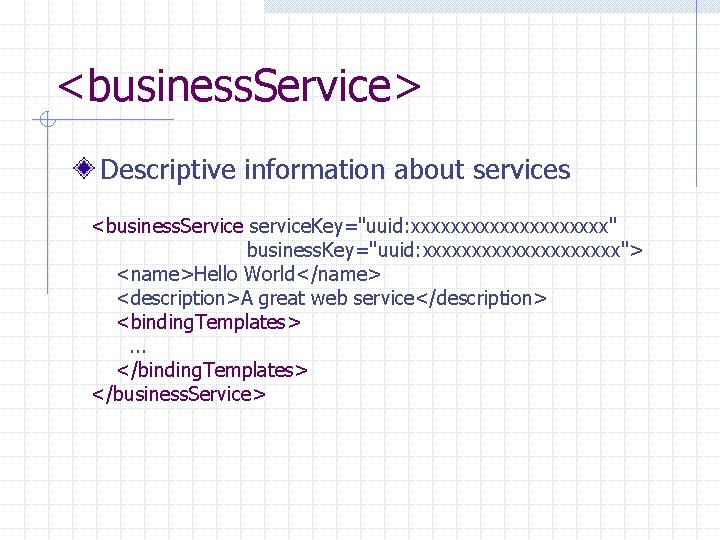 <business. Service> Descriptive information about services <business. Service service. Key="uuid: xxxxxxxxxx" business. Key="uuid: xxxxxxxxxx">
