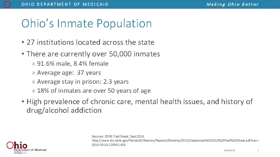 OHIO DEPARTMENT OF MEDICAID Making Ohio Better Ohio’s Inmate Population • 27 institutions located