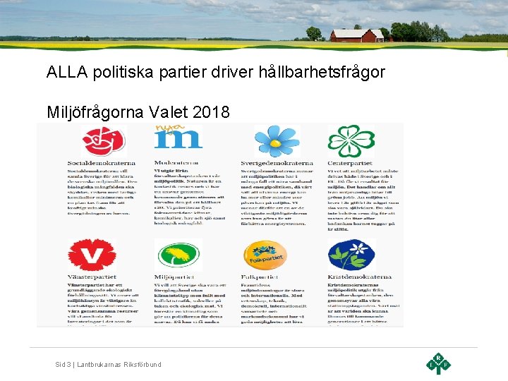 ALLA politiska partier driver hållbarhetsfrågor Miljöfrågorna Valet 2018 Sid 3 | Lantbrukarnas Riksförbund 