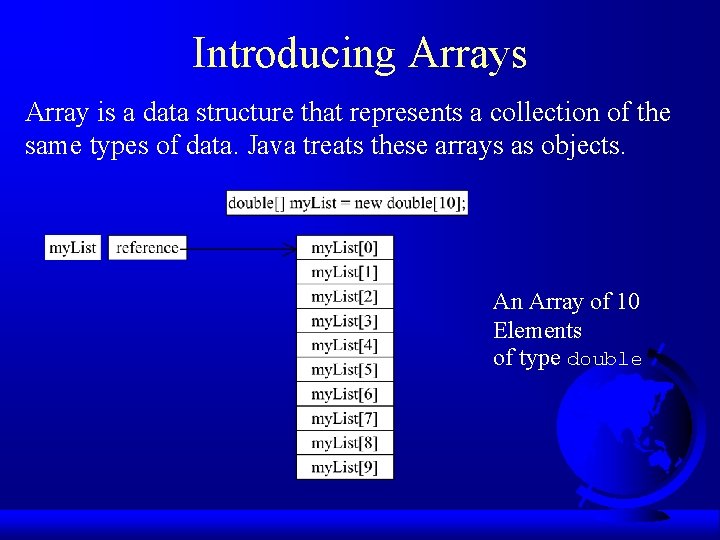 Introducing Arrays Array is a data structure that represents a collection of the same