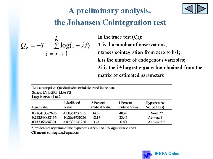 A preliminary analysis: the Johansen Cointegration test In the trace test (Qr): T is