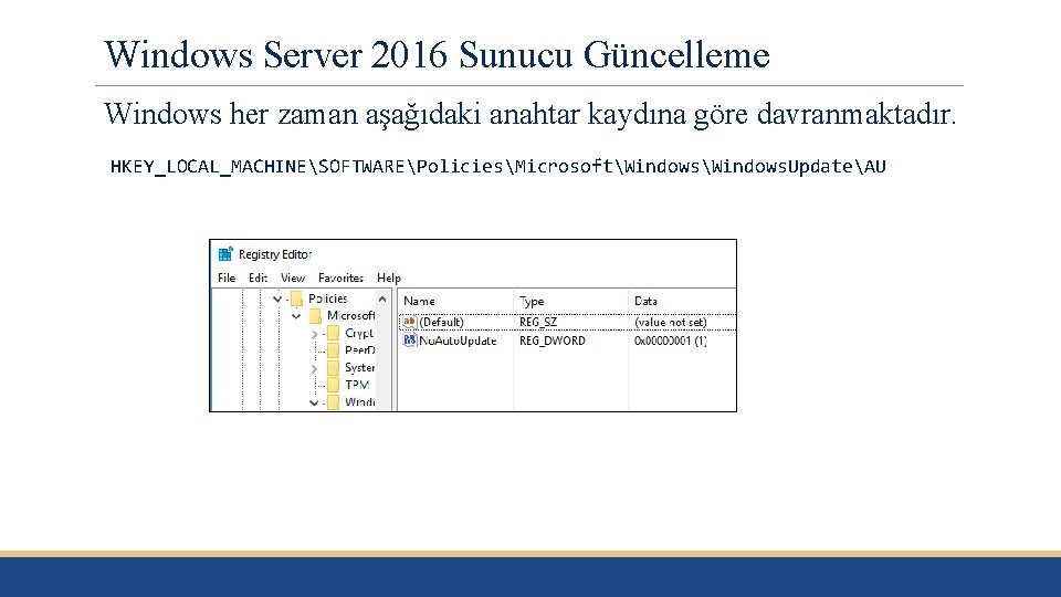 Windows Server 2016 Sunucu Güncelleme Windows her zaman aşağıdaki anahtar kaydına göre davranmaktadır. HKEY_LOCAL_MACHINESOFTWAREPoliciesMicrosoftWindows.