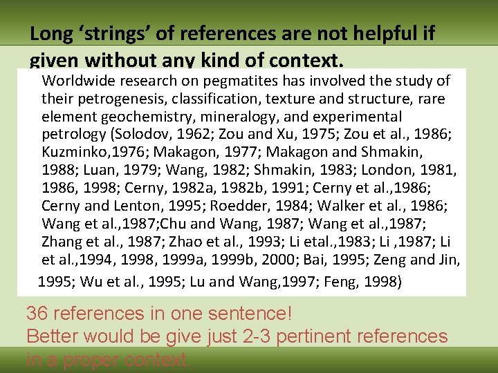 Long ‘strings’ of references are not helpful if given without any kind of context.