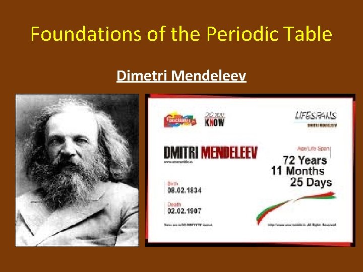 Foundations of the Periodic Table Dimetri Mendeleev 