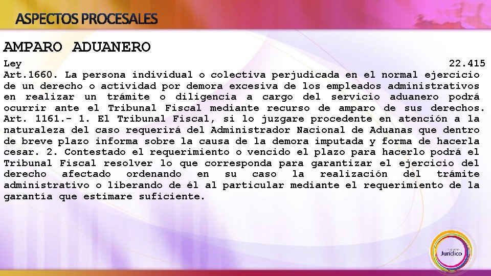 ASPECTOS PROCESALES AMPARO ADUANERO Ley 22. 415 Art. 1660. La persona individual o colectiva