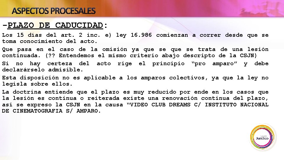 ASPECTOS PROCESALES -PLAZO DE CADUCIDAD: Los 15 días del art. 2 inc. e) ley