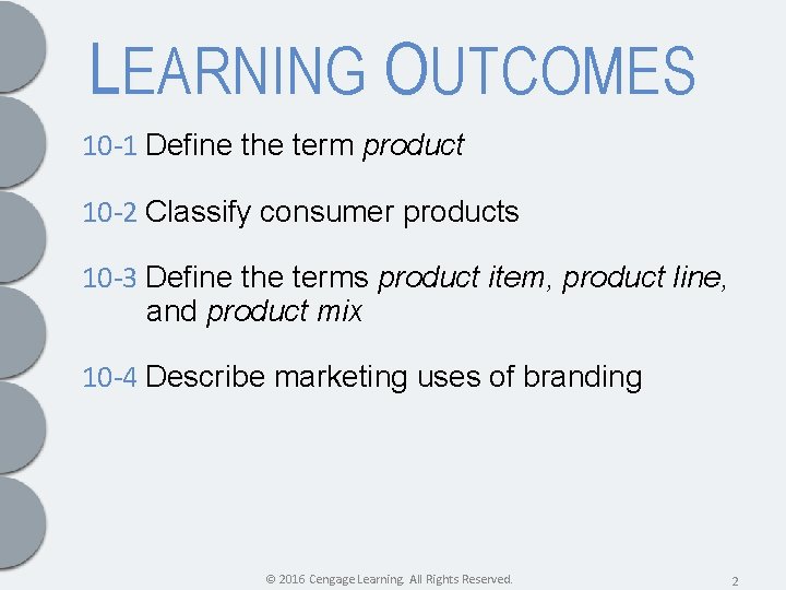 LEARNING OUTCOMES 10 -1 Define the term product 10 -2 Classify consumer products 10