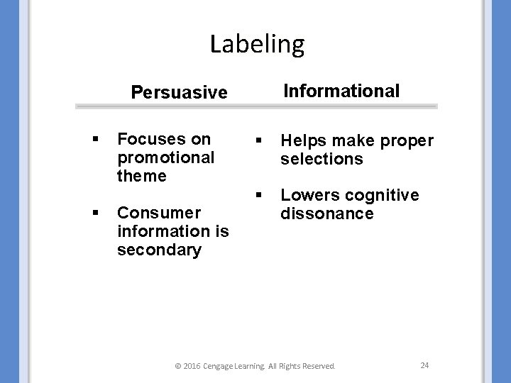 Labeling Informational Persuasive § § Focuses on promotional theme Consumer information is secondary §