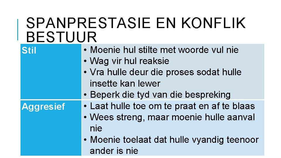 SPANPRESTASIE EN KONFLIK BESTUUR Stil Aggresief • Moenie hul stilte met woorde vul nie