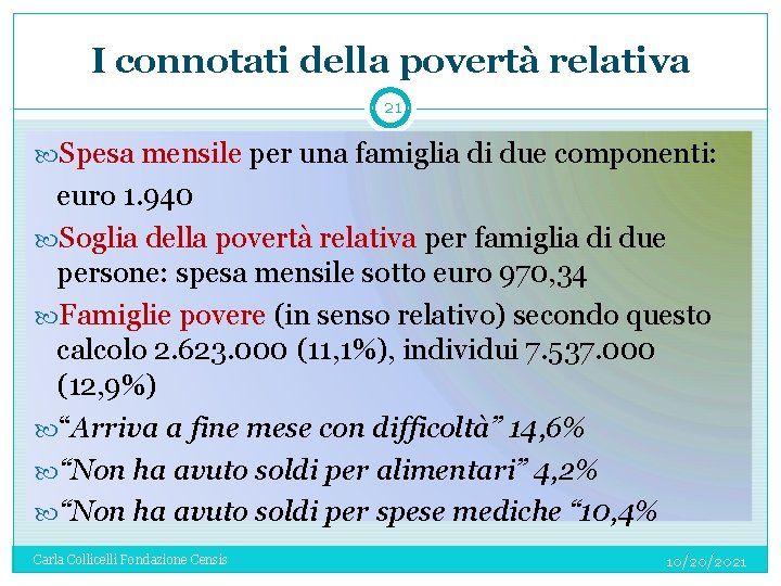 I connotati della povertà relativa 21 Spesa mensile per una famiglia di due componenti: