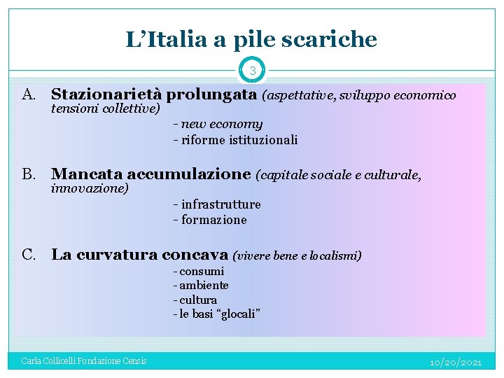 L’Italia a pile scariche 3 A. Stazionarietà prolungata (aspettative, sviluppo economico tensioni collettive) -