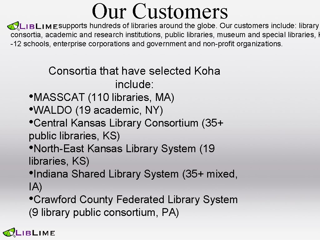 Our Customers supports hundreds of libraries around the globe. Our customers include: library consortia,
