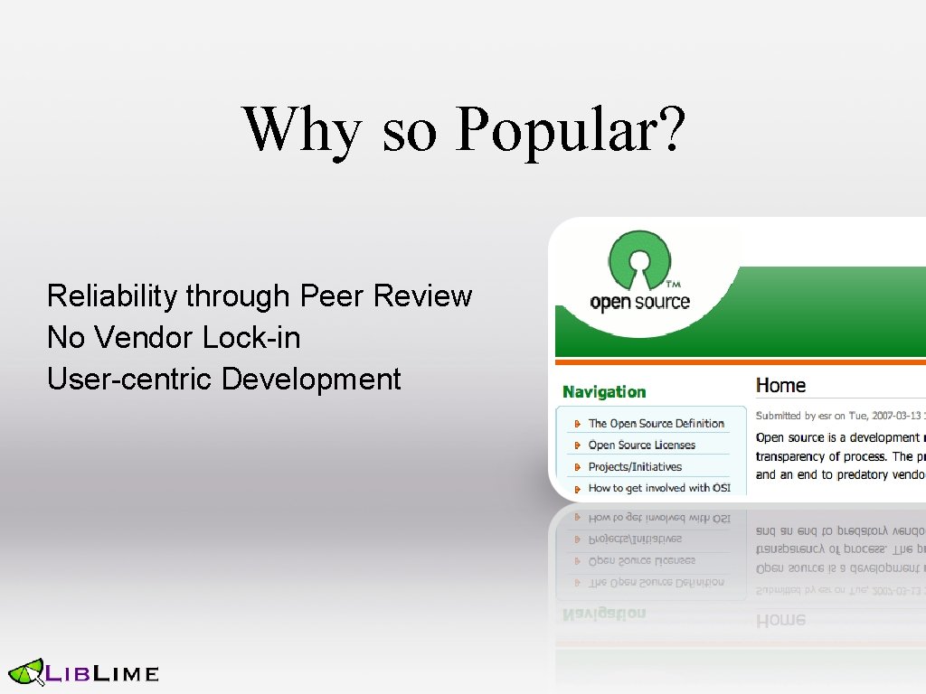 Why so Popular? Reliability through Peer Review No Vendor Lock-in User-centric Development 