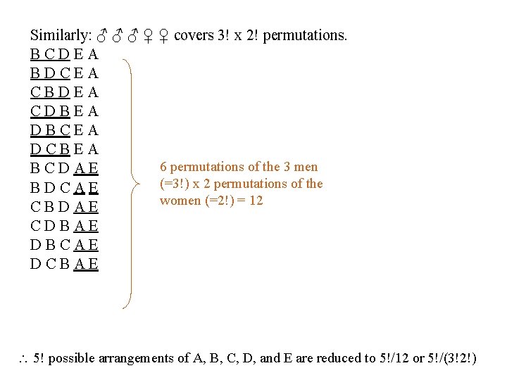 Similarly: ♂ ♂ ♂ ♀ ♀ covers 3! x 2! permutations. BCDEA BDCEA CBDEA
