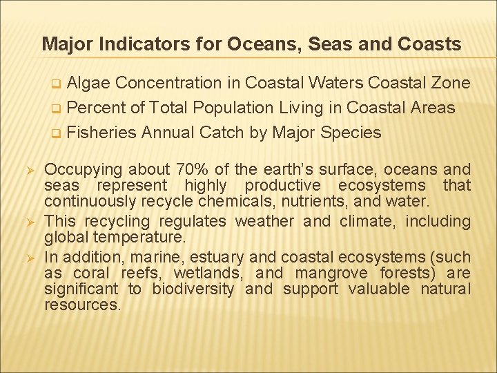 Major Indicators for Oceans, Seas and Coasts Algae Concentration in Coastal Waters Coastal Zone