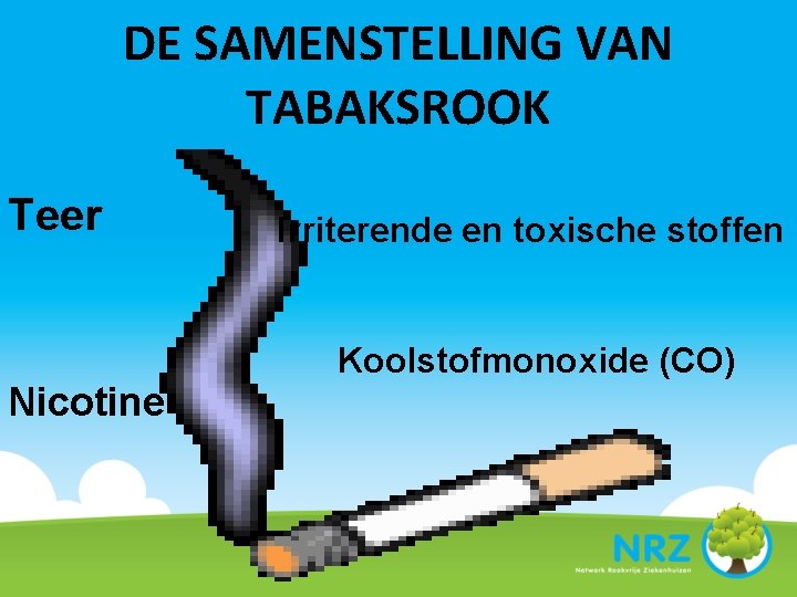 DE SAMENSTELLING VAN TABAKSROOK Teer Nicotine Irriterende en toxische stoffen Koolstofmonoxide (CO) 