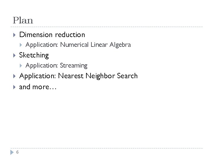 Plan Dimension reduction Application: Numerical Linear Algebra Sketching Application: Streaming Application: Nearest Neighbor Search