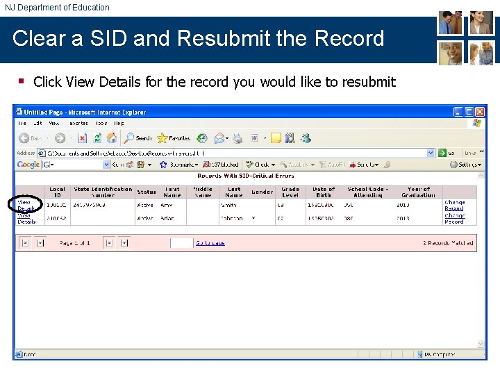 NJ Department of Education Clear a SID and Resubmit the Record § Click View