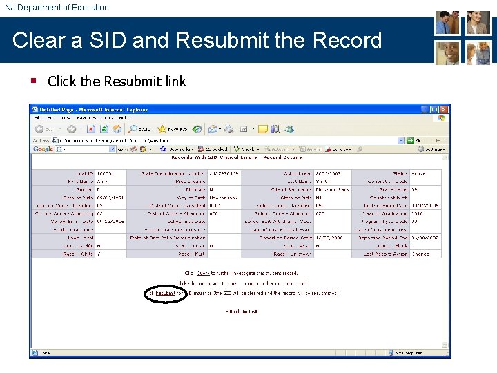 NJ Department of Education Clear a SID and Resubmit the Record § Click the