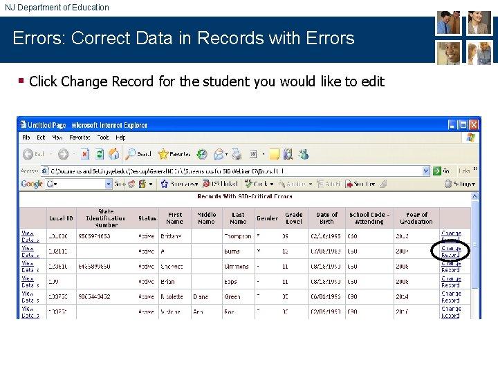 NJ Department of Education Errors: Correct Data in Records with Errors § Click Change