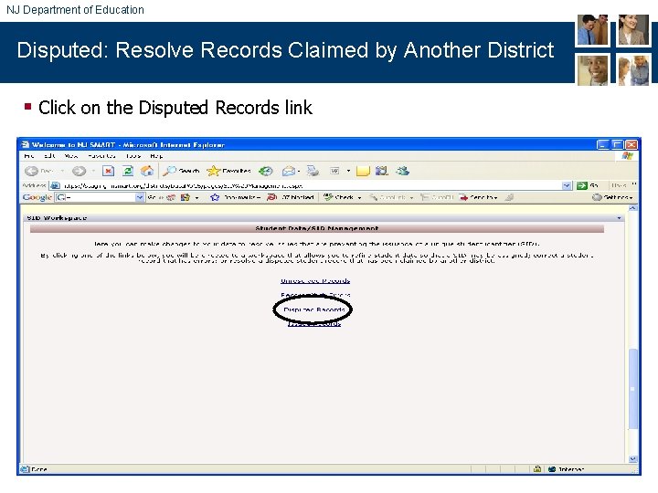 NJ Department of Education Disputed: Resolve Records Claimed by Another District § Click on