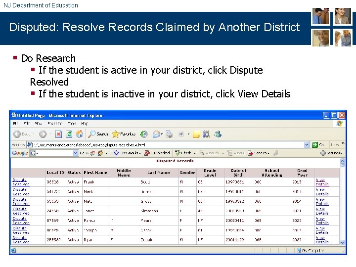 NJ Department of Education Disputed: Resolve Records Claimed by Another District § Do Research