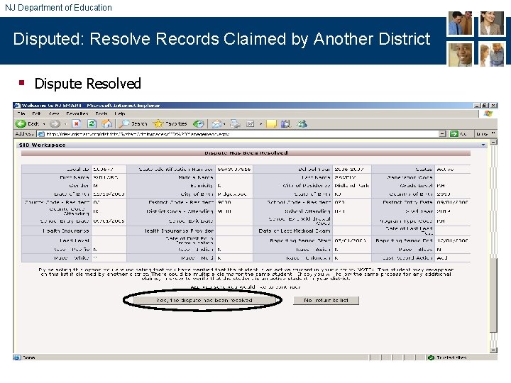 NJ Department of Education Disputed: Resolve Records Claimed by Another District § Dispute Resolved