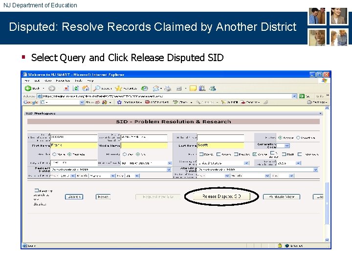 NJ Department of Education Disputed: Resolve Records Claimed by Another District § Select Query