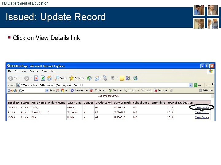 NJ Department of Education Issued: Update Record § Click on View Details link 