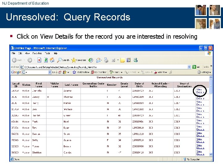 NJ Department of Education Unresolved: Query Records § Click on View Details for the