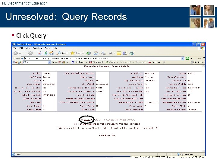 NJ Department of Education Unresolved: Query Records § Click Query 