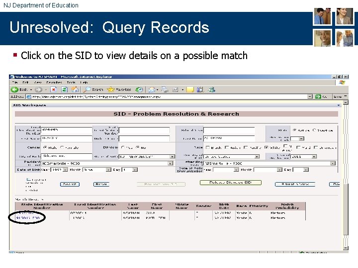 NJ Department of Education Unresolved: Query Records § Click on the SID to view