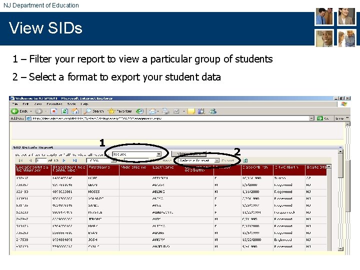 NJ Department of Education View SIDs 1 – Filter your report to view a