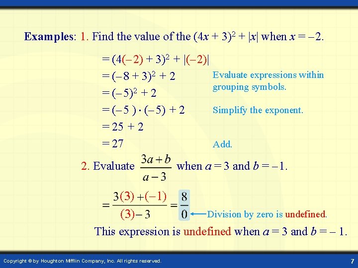 Examples: 1. Find the value of the (4 x + 3)2 + |x| when