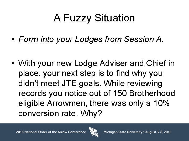 A Fuzzy Situation • Form into your Lodges from Session A. • With your