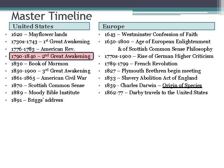 Master Timeline United States • • • 1620 – Mayflower lands 1730 s-1743 –