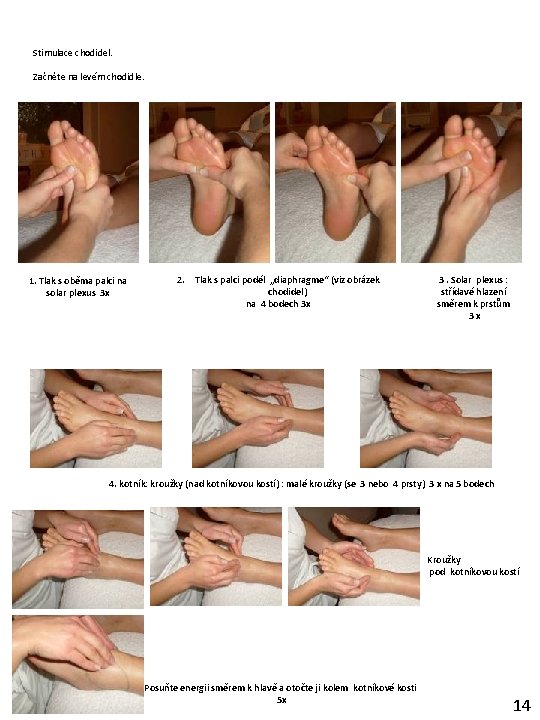 Stimulace chodidel. Začněte na levém chodidle. 1. Tlak s oběma palci na solar plexus