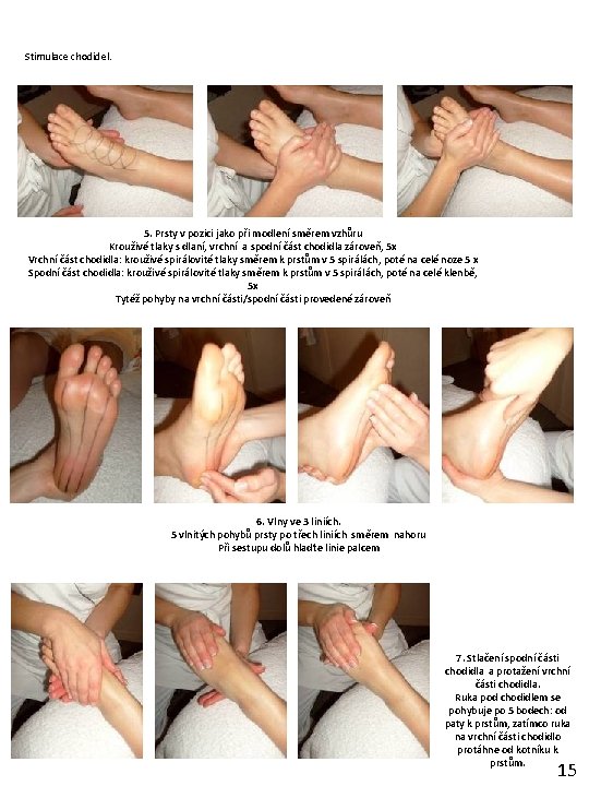 Stimulace chodidel. 5. Prsty v pozici jako při modlení směrem vzhůru Krouživé tlaky s