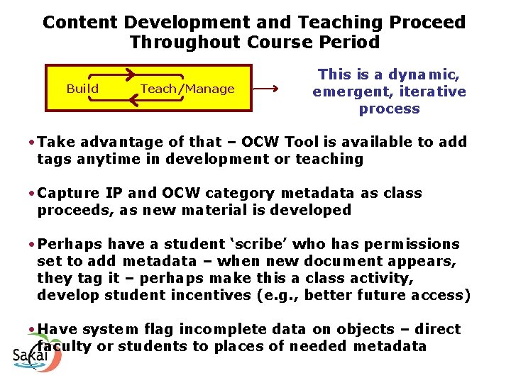 Content Development and Teaching Proceed Throughout Course Period Build Teach/Manage This is a dynamic,
