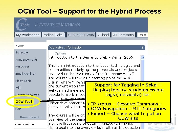 OCW Tool – Support for the Hybrid Process Support for Tagging in Sakai –
