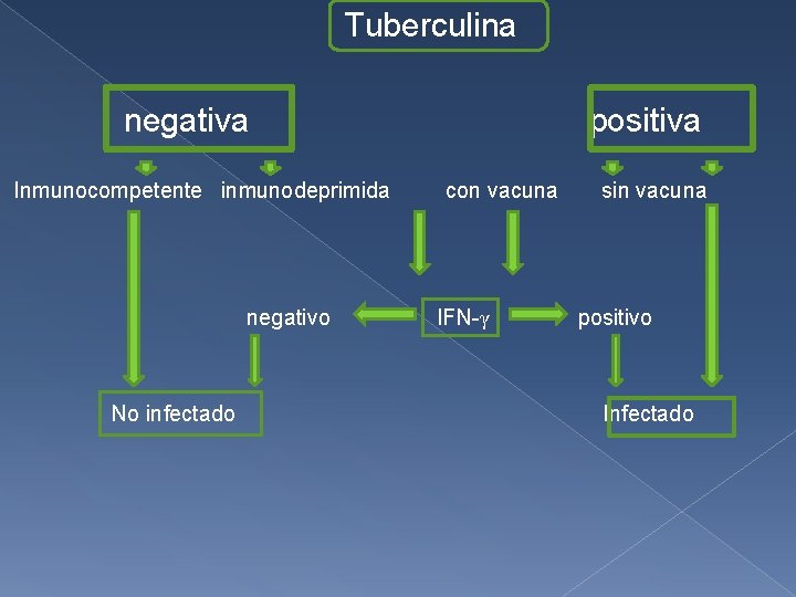 Tuberculina negativa Inmunocompetente inmunodeprimida negativo No infectado positiva con vacuna IFN-γ sin vacuna positivo