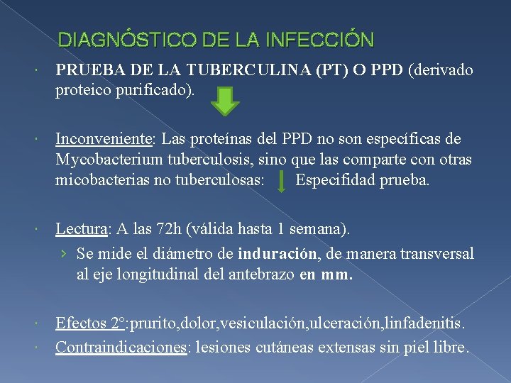 DIAGNÓSTICO DE LA INFECCIÓN PRUEBA DE LA TUBERCULINA (PT) O PPD (derivado proteico purificado).
