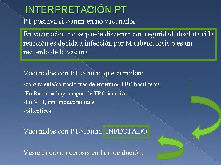 INTERPRETACIÓN PT positiva si >5 mm en no vacunados. En vacunados, no se puede