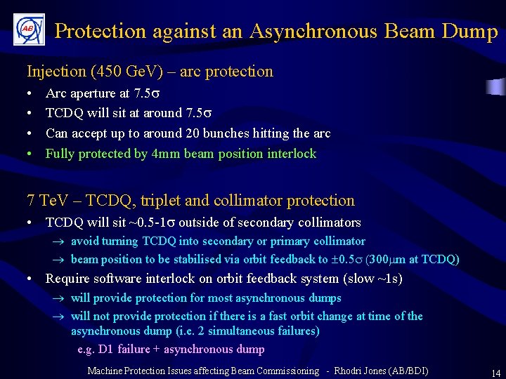 Protection against an Asynchronous Beam Dump Injection (450 Ge. V) – arc protection •