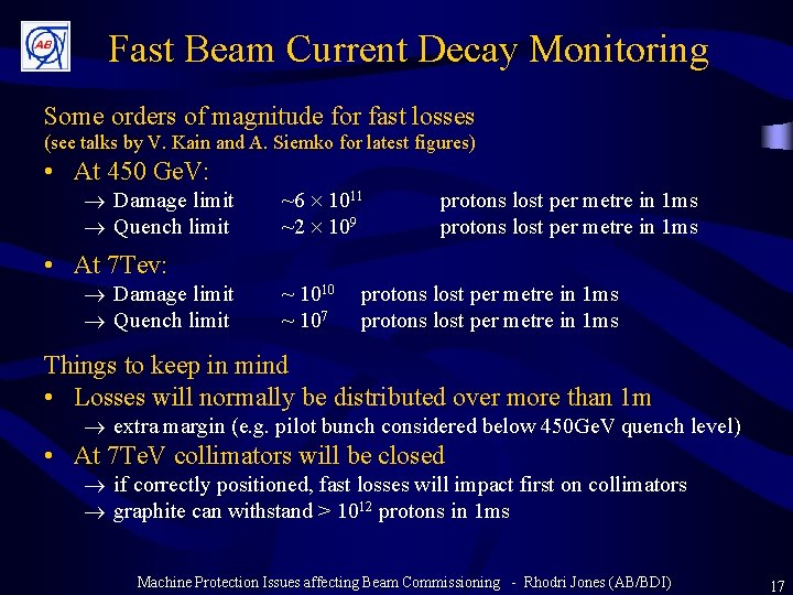 Fast Beam Current Decay Monitoring Some orders of magnitude for fast losses (see talks